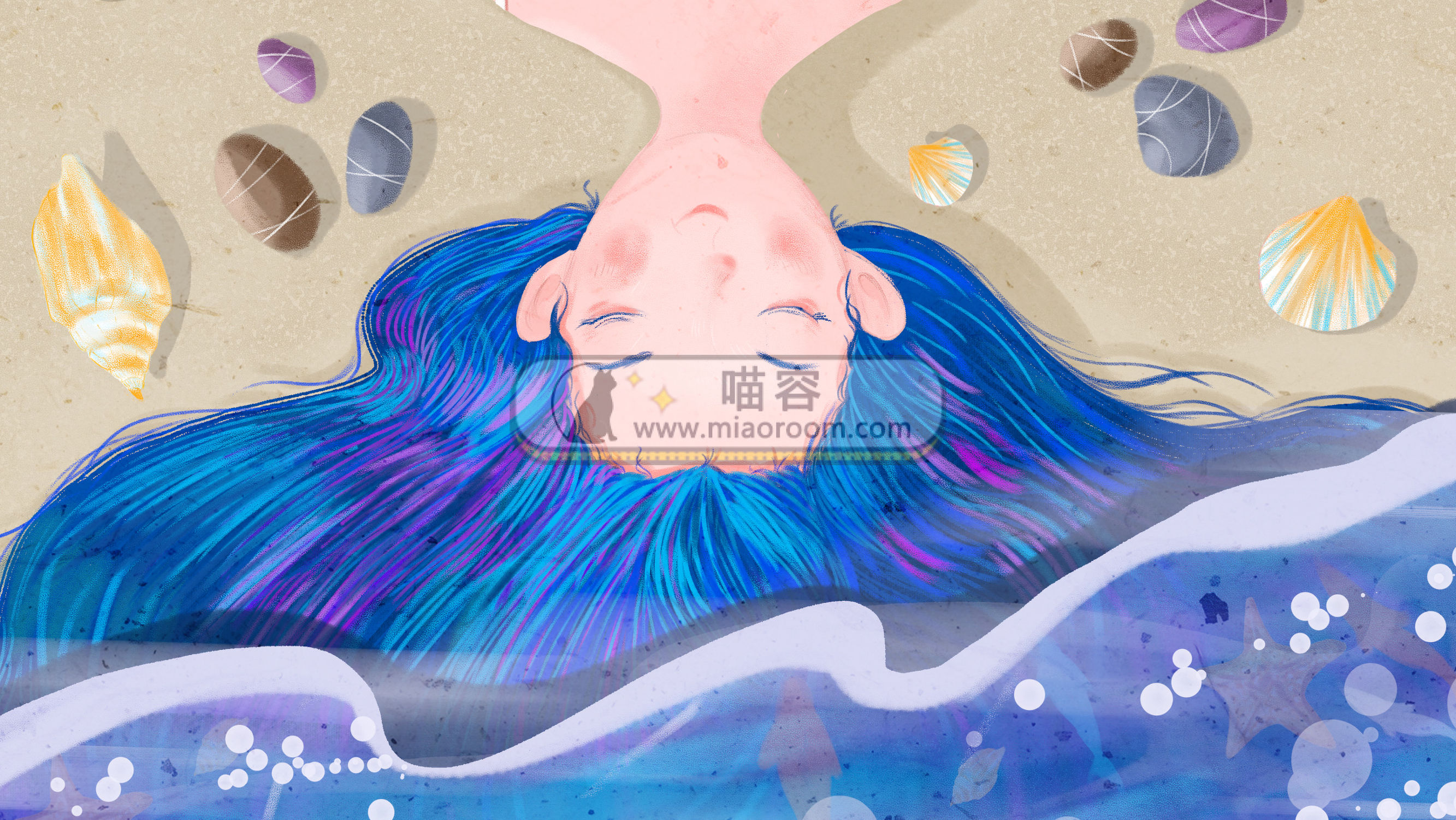 [AI模板]美少女与海的唯美插画
