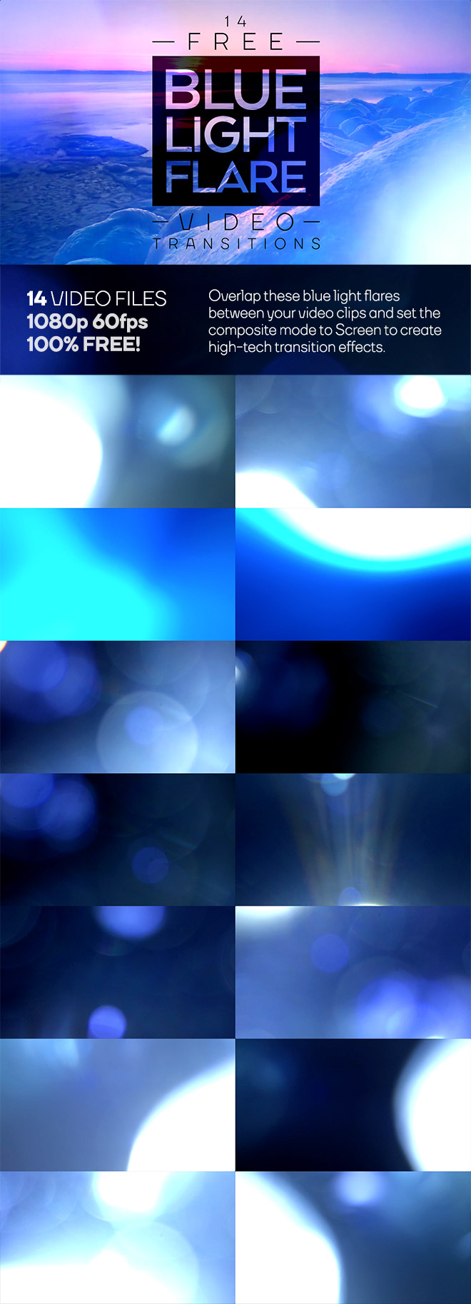 [视频素材]14个蓝光耀斑过渡短视频